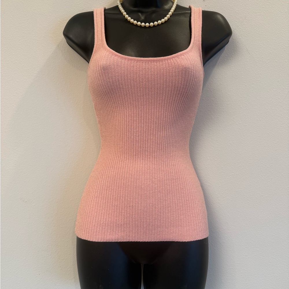 New Rare Vintage Bebe Metallic Ribbed Baby Pink Sweater Tank Top Size XS
